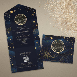 Invitación Todo En Uno Celestial Navy Código QR Boda Gold