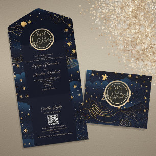 Invitación Todo En Uno Celestial Navy Código QR Boda Gold