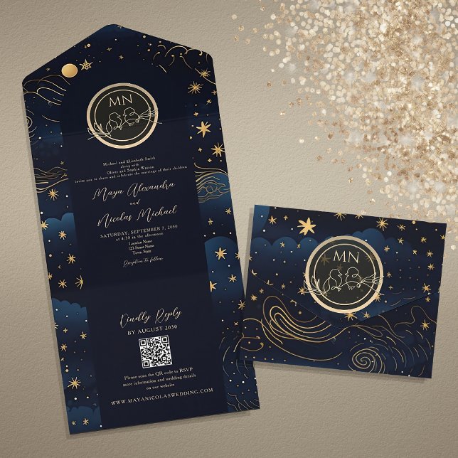 Invitación Todo En Uno Celestial Navy Código QR Boda Gold (Subido por el creador)