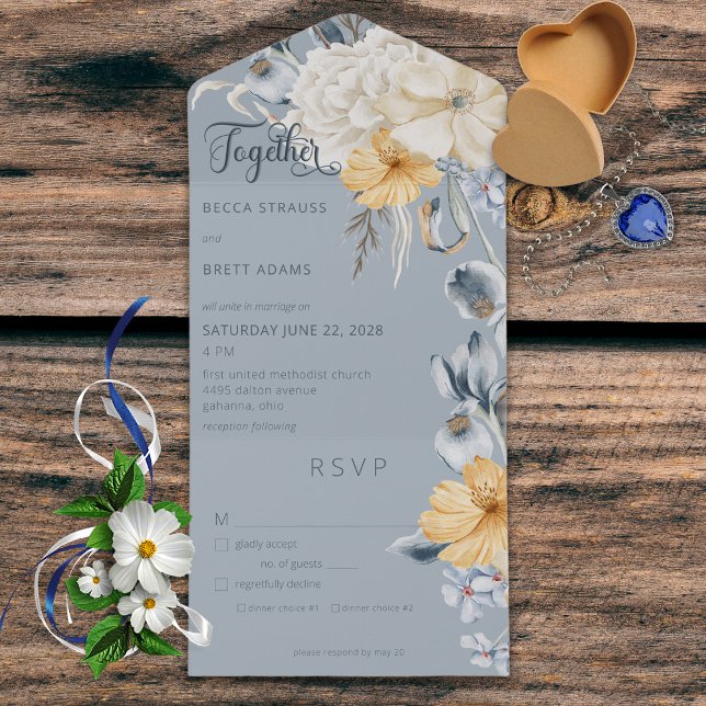 Invitación Todo En Uno Cena azul floral y amarilla rusa (Subido por el creador)