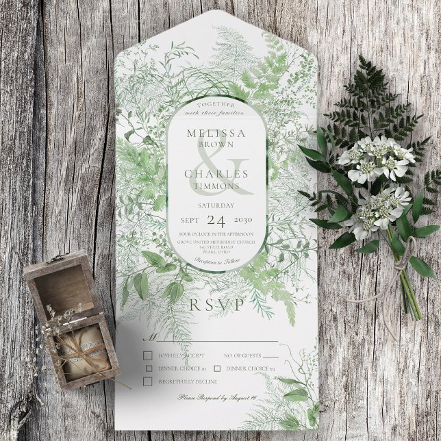 Invitación Todo En Uno Cena blanca de estilo moderno de follaje verde (Also available with a QR code or without dinner selection options.)