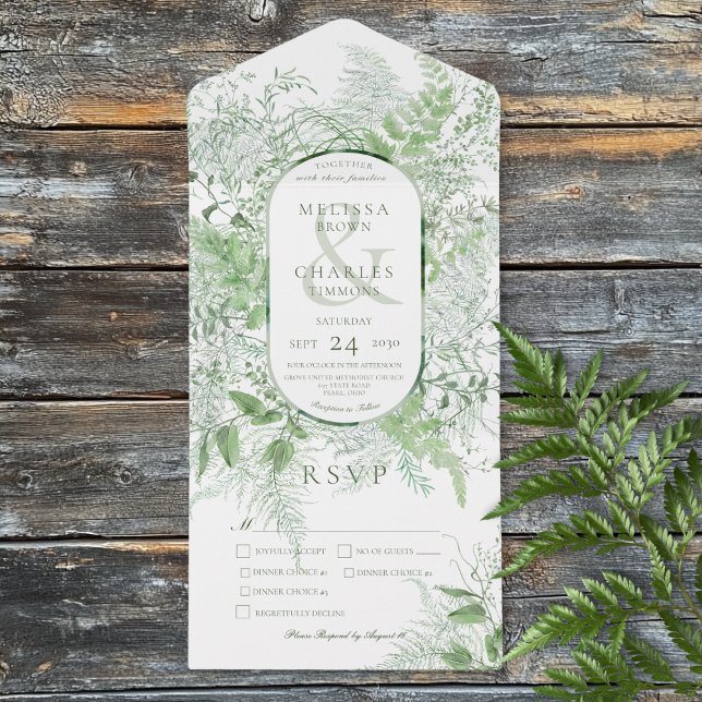 Invitación Todo En Uno Cena blanca de estilo moderno de follaje verde (Modern Fern Green Foliage White Dinner All In One Invitation)