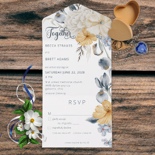 Invitación Todo En Uno Cena blanca floral y amarilla rusa