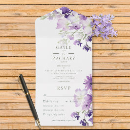 Invitación Todo En Uno Cena blanca morada de boho floral