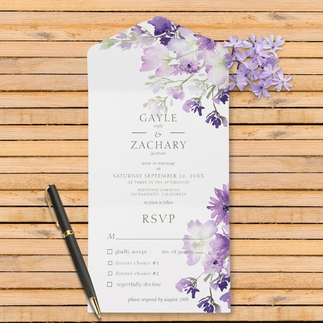 Invitación Todo En Uno Cena blanca morada de boho floral (Also available with a QR code or without dinner selection options.)