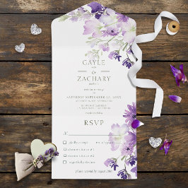 Invitación Todo En Uno Cena blanca morada de boho floral