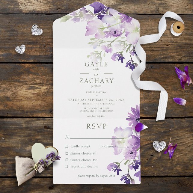 Invitación Todo En Uno Cena blanca morada de boho floral (Subido por el creador)