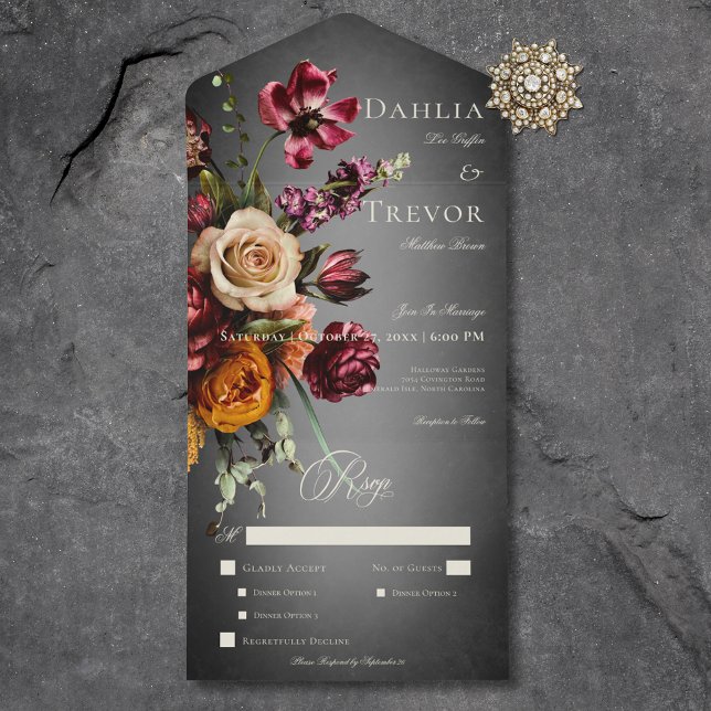 Invitación Todo En Uno Cena Boda floral oscuro y elegante (Subido por el creador)