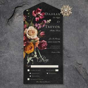 Invitación Todo En Uno Cena Boda floral oscuro y elegante de otoño