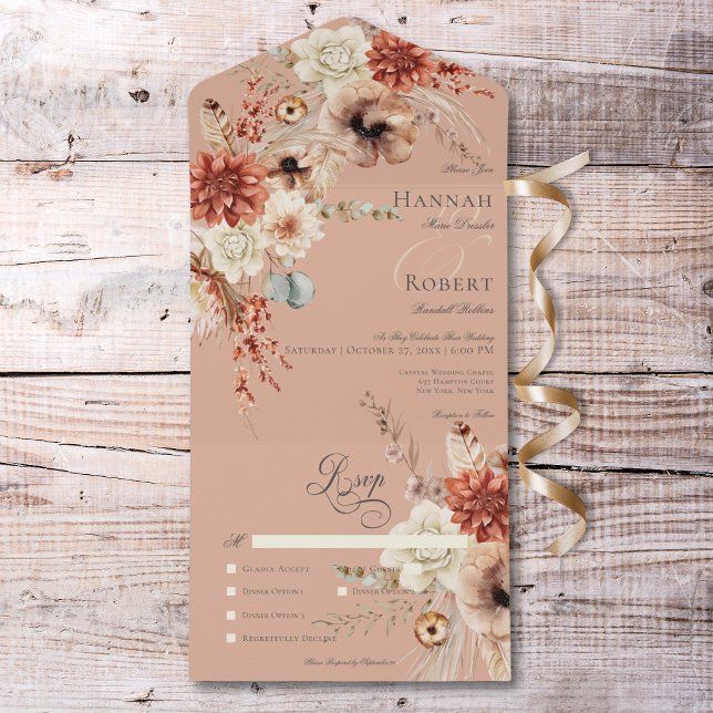 Invitación Todo En Uno Cena Boho Peach & Rust Floral & Feather Peach (Boho Peach & Rust Floral & Feather Peach Dinner All In One Invitation)