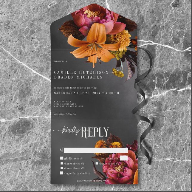 Invitación Todo En Uno Cena de Boda Negra Lúgubre Gótica Naranja Lirio (Black Moody Gothic Orange Lily Wedding Dinner All In One Invitation)