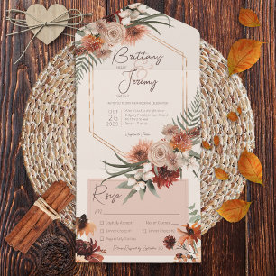 Invitación Todo En Uno Cena de crema floral de boho roya y neutra otoño