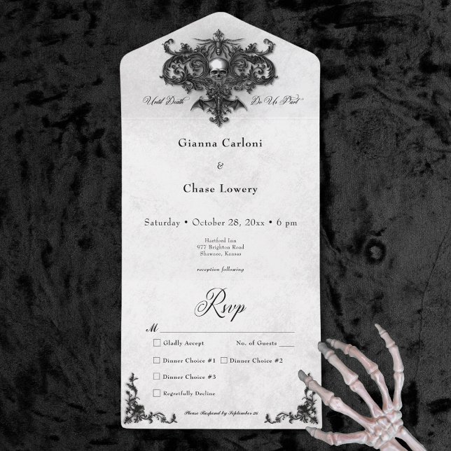 Invitación Todo En Uno Cena de filigrí gótica negra y blanca de Halloween (Gothic Black & White Halloween Filigree Dinner All In One Invitation)