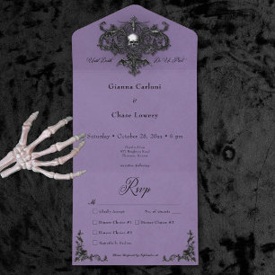 Invitación Todo En Uno Cena de filigrí gótica negra y morada de Halloween