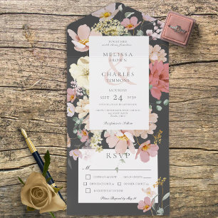 Invitación Todo En Uno Cena de flores de boho rosado negro y Rubor