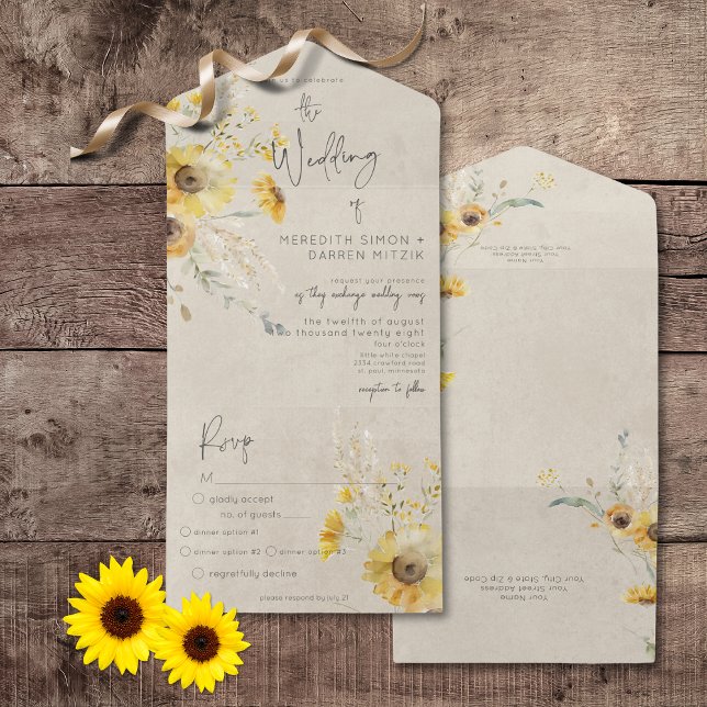 Invitación Todo En Uno Cena de girasol de verano ruidoso y amarillo (Rustic Yellow & Brown Summer Sunflower All In One Wedding Invitation with Dinner Options)
