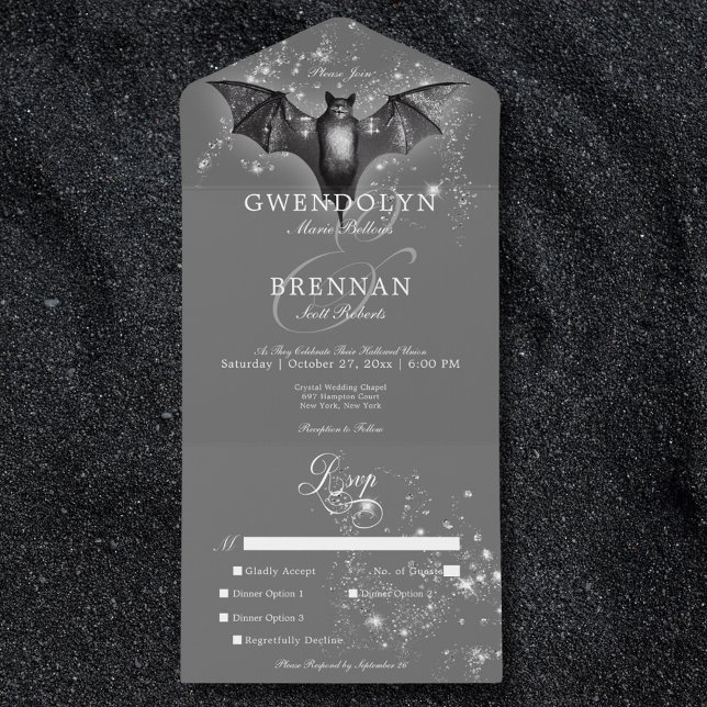 Invitación Todo En Uno Cena de Glam Bat y Diamonds de Halloween oscuro (Dark Halloween Glam Bat & Diamonds Dinner All In One Invitation)