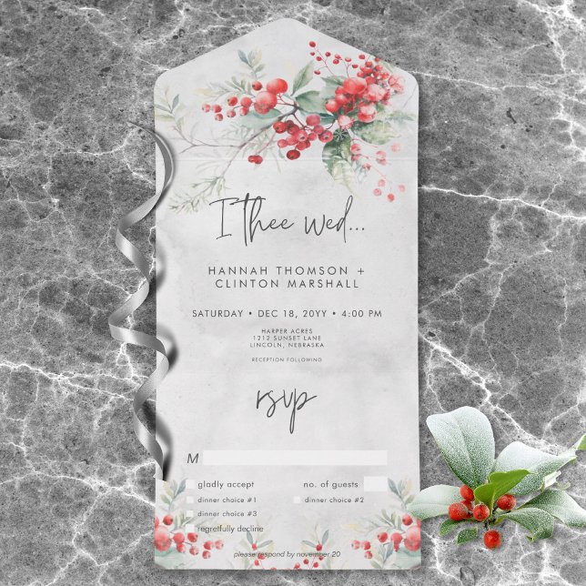 Invitación Todo En Uno Cena de invierno rústica Holly y Boda Pine (Rustic Winter Berries & Pine Wedding Dinner All In One Invitation)