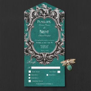 Invitación Todo En Uno Cena de marco gótica Verde azulada Moody victorian
