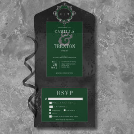 Invitación Todo En Uno Cena de satén floral gris oscuro, negro y verde