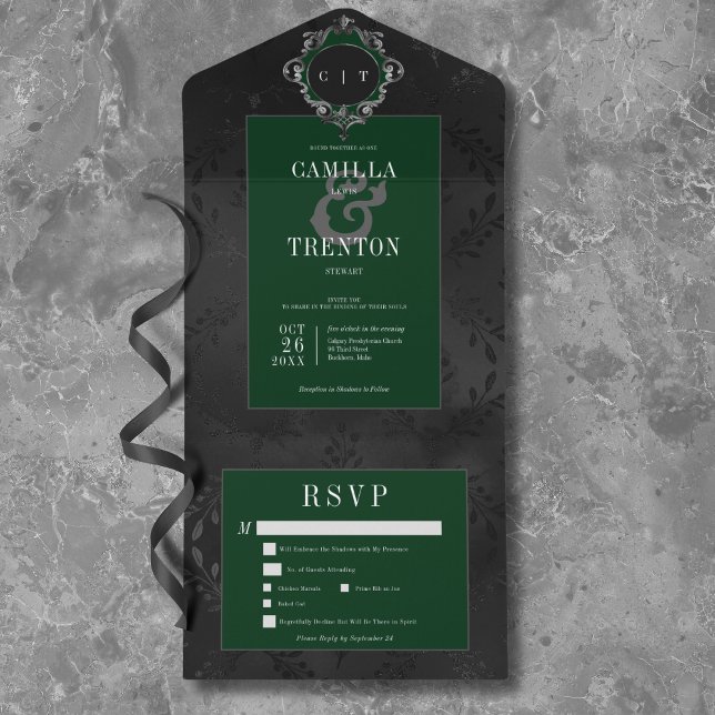 Invitación Todo En Uno Cena de satén floral gris oscuro, negro y verde (Dark Gothic Black & Green Floral Satin Dinner All In One Invitation)
