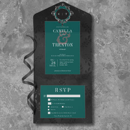 Invitación Todo En Uno Cena de satén floral negra y gótica oscura y Verde