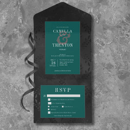 Invitación Todo En Uno Cena de satén floral negra y gótica oscura y Verde