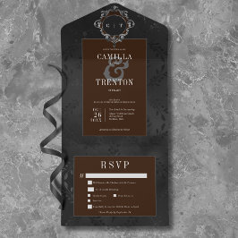 Invitación Todo En Uno Cena de satén floral oscuro gótico negro y marrón