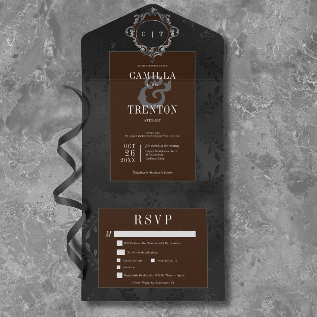 Invitación Todo En Uno Cena de satén floral oscuro gótico negro y marrón (Dark Gothic Black & Brown Floral Satin Dinner All In One Invitation)