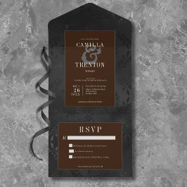 Invitación Todo En Uno Cena de satén floral oscuro gótico negro y marrón