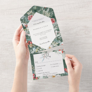Invitación Todo En Uno Cena esmeralda de pino floral de invierno rústico