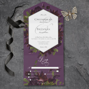 Invitación Todo En Uno Cena floral color morado oscuro morado morado