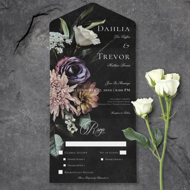 Invitación Todo En Uno Cena floral gótica oscura y misteriosa (Dark Gothic Mysterious Muted Floral Dinner All In One Invitation)
