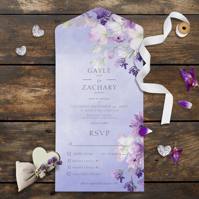 Invitación Todo En Uno Cena floral Periwinkle Purple Boho (Subido por el creador)