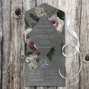 Invitación Todo En Uno Cena floral rosa y morado blanco oscuro y moderno
