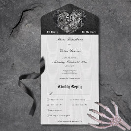 Invitación Todo En Uno Cena gótica en pareja de esqueletos blancos y negr