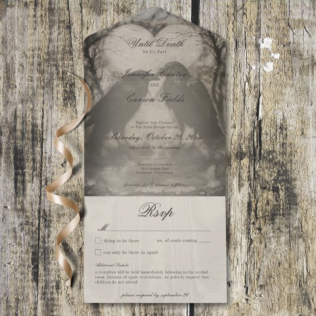 Invitación Todo En Uno Cena gótica negra oscura y tan raven con detalles (Dark Gothic Black & Tan Raven Dinner w/ Details All In One Invitation)