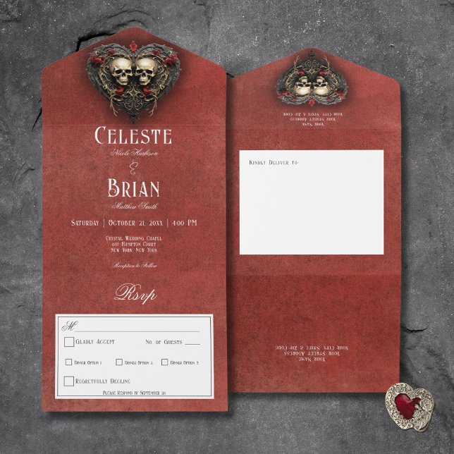 Invitación Todo En Uno Cena gótica negra y roja y roja cardíaca (Gothic Black & Red Skulls & Heart Red All In One Wedding Invitation with Dinner Options)