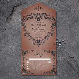 Invitación Todo En Uno Cena gótica negra y roya filigrí en el corazón