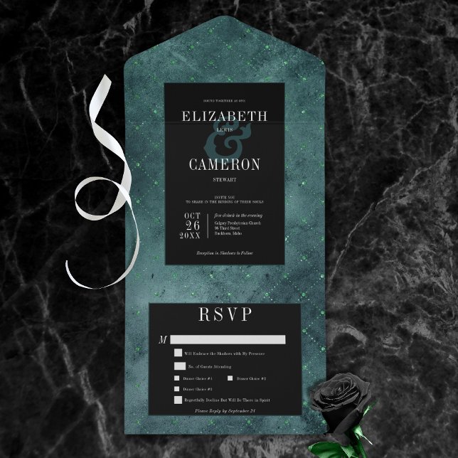 Invitación Todo En Uno Cena gótica Verde azulada y negra de diamantes de  (Dark Gothic Teal & Black Vintage Diamond All In One Wedding Invitation with Dinner Options)