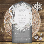 Invitación Todo En Uno Cena gris de flor blanca de invierno<br><div class="desc">TAMBIÉN ESTÁ DISPONIBLE CON UN CÓDIGO QR A ESCALAR. Este diseño sencillo y elegante está decorado con flores blancas de invierno sobre un suave paraguas blanco con un fondo gris oscuro. La invitación completa se resalta con destellos blancos. La solapa delantera contiene las primeras iniciales de la novia y el...</div>