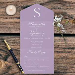 Invitación Todo En Uno Cena Lavanda con Monograma Moderno