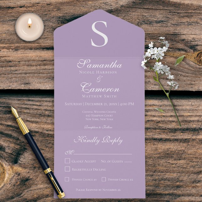 Invitación Todo En Uno Cena Lavanda con Monograma Moderno (Subido por el creador)
