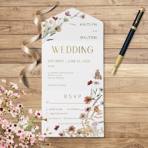 Invitación Todo En Uno Cena moderna con flores silvestres blancas