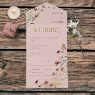 Invitación Todo En Uno Cena moderna con flores silvestres rosadas