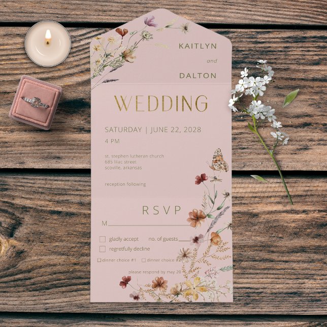 Invitación Todo En Uno Cena moderna con flores silvestres rosadas (Subido por el creador)