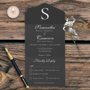 Invitación Todo En Uno Cena moderna de carbón de monograma negro
