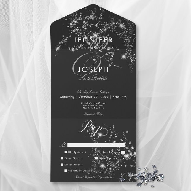 Invitación Todo En Uno Cena moderna de diamantes de Glam en blanco y negr (Modern Black & White Glam Diamonds Dinner All In One Invitation)