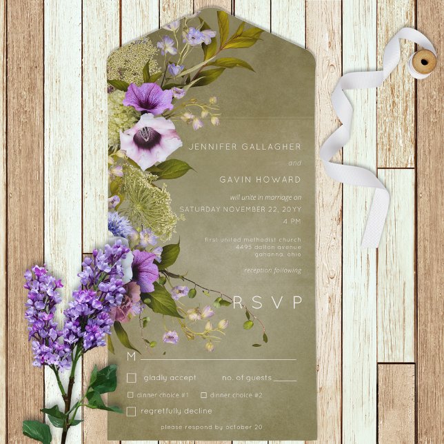 Invitación Todo En Uno Cena moderna de Sage Green & Purple Floral (Subido por el creador)