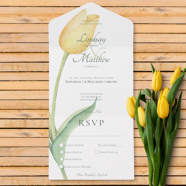 Invitación Todo En Uno Cena moderna de tulipán amarillo pálido solo (Pale Yellow Tulip Solo Modern Dinner All In One Invitation)